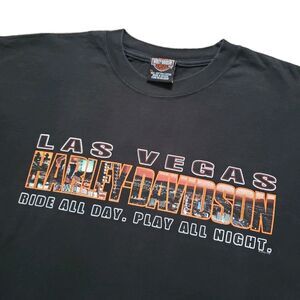 Vintage Y2K Harley Davidson Las Vegas Sz XL Play All Night 2 Sided Black T-Shirt